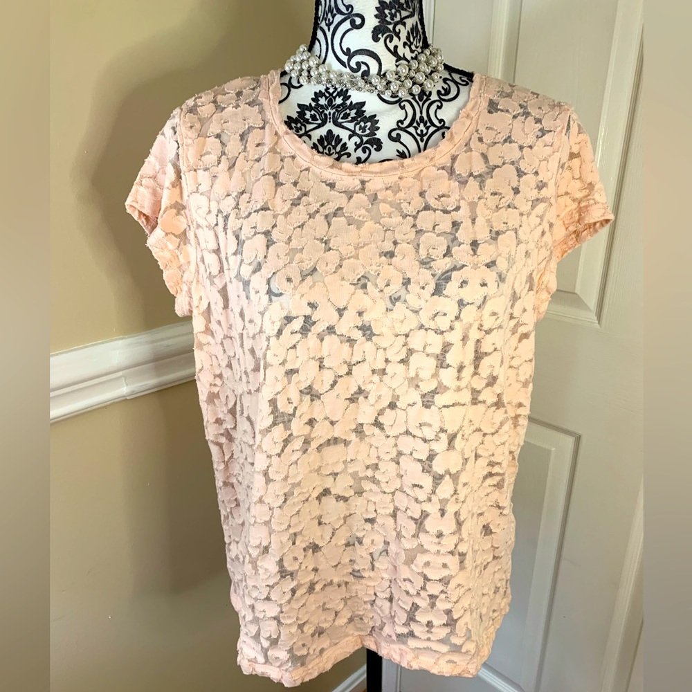 Bass, soft pink sheer & flowers shirt, size XL.
